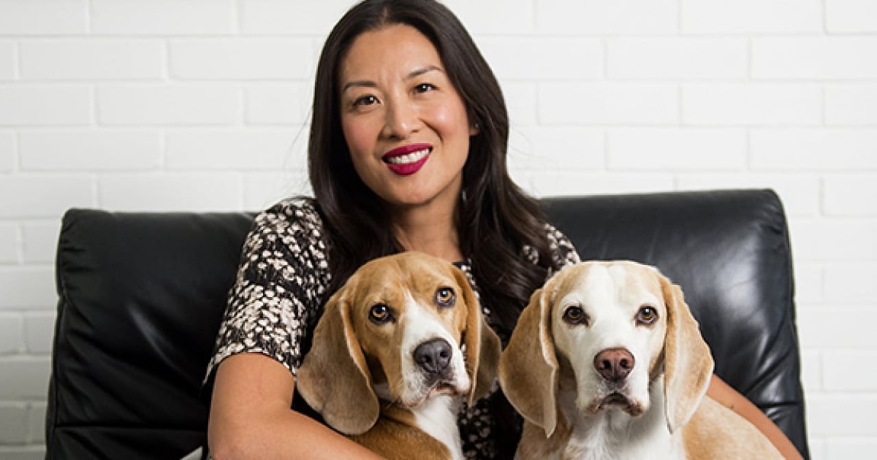 Lainey Lui with her two dogs, Barney and Elvis