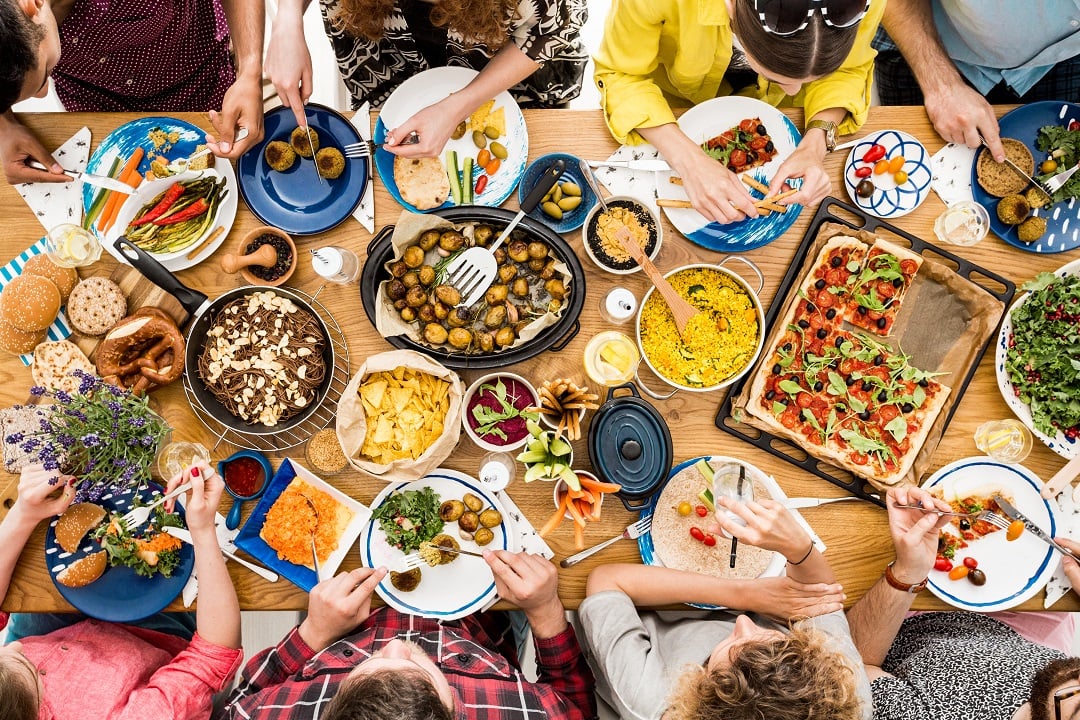 A dinner table full of plant-based vegan food