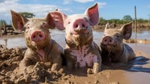 Three pigs laying in the mud