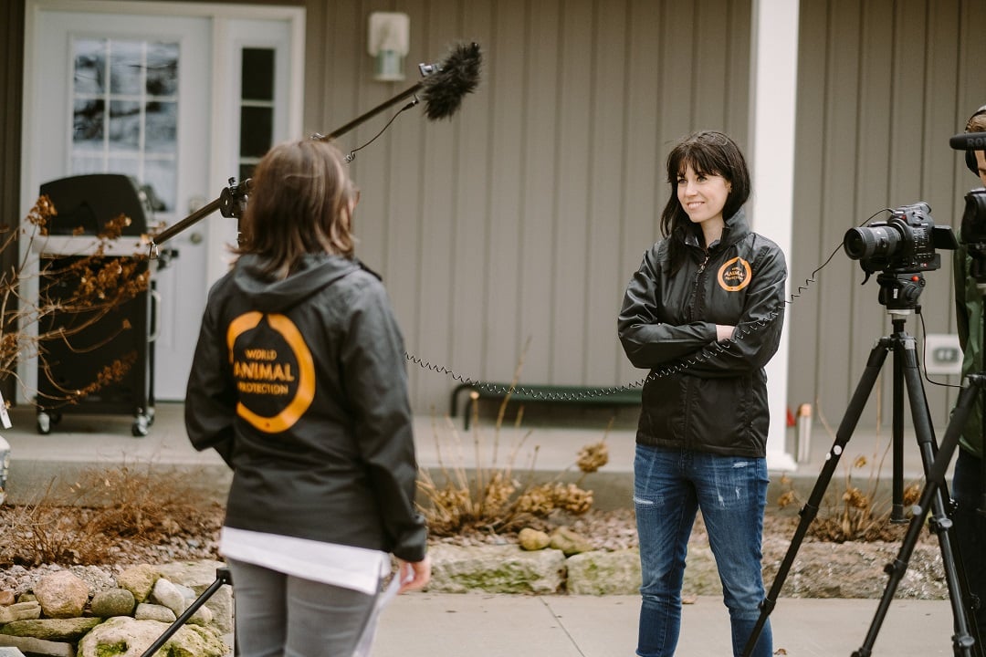 Beth filming at a high welfare farm