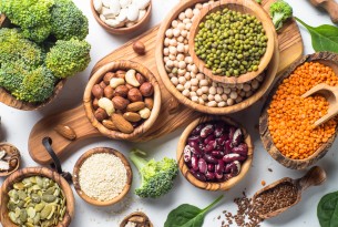 Plant-based protein sources including beans, lentils, and nuts