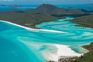 An aerial view of the sea waters in the Whitsundays, a Whale Heritage Area