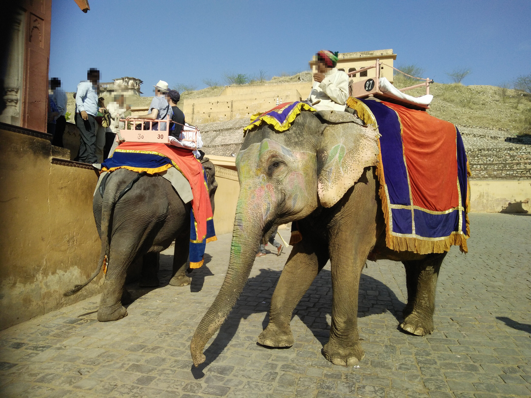 An elephant at Amer Fort with a human on their back riding them