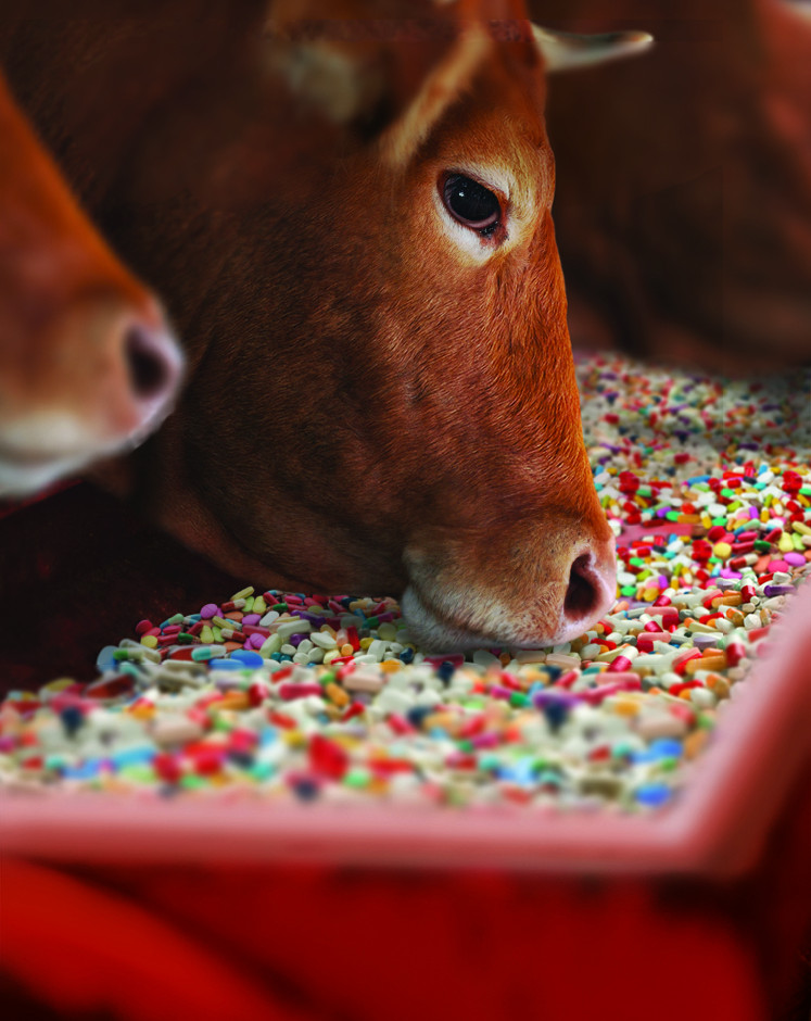 A cow eating antibiotic pills