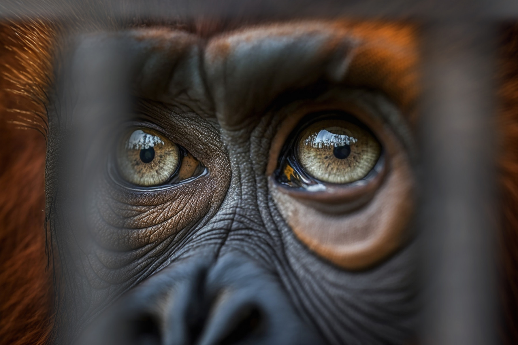 A closeup of a primates eyes