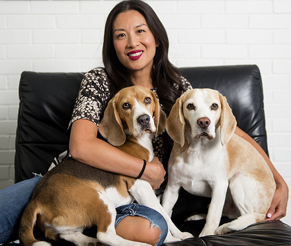 Lainey Lui with her two dogs, Barney and Elvis